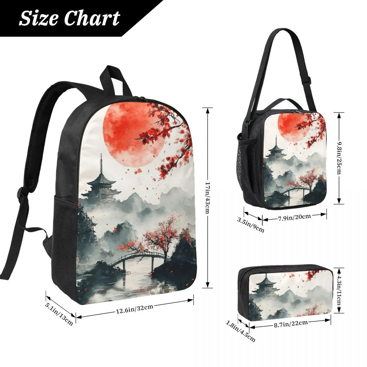 Japanese Ink Painting Mount Fuji Backpack Boys Girls BookBag School Bag Laptop Shoulder Bags 3ps Insulated Lunch Bag Pencil Case