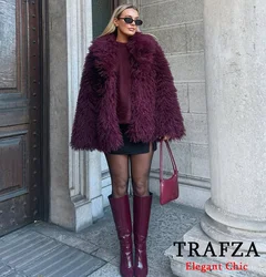 TRAFZA-Women Stylish Fur-Effect Coat Lapel Shaggy Faux Fur Burgundy Coat New 2025 Fall Winter Fashion Elegant Vintage Coat