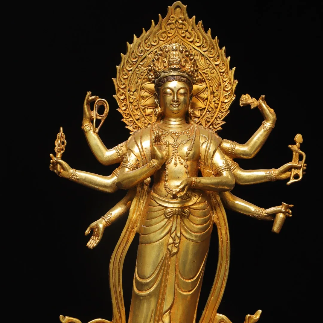 Old Bronze Gilded High Relief Respectful Mother Buddha 8 arms Guanyin Standing Buddha backlight Lotus Buddha Terrace