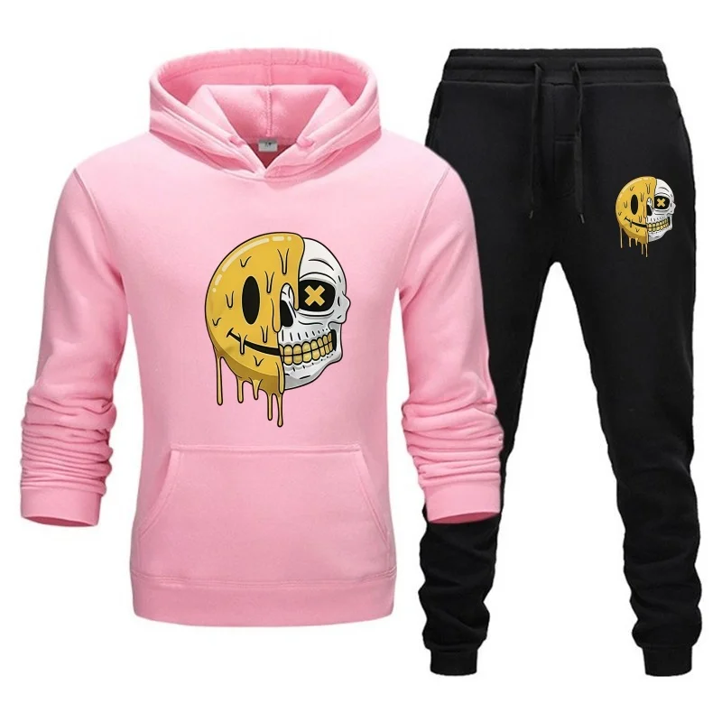 New Fashion Hoodie Pocket Casual Hoodie Sport Set+Drawstring Pants Skull Pattern Printed Two Piece Set