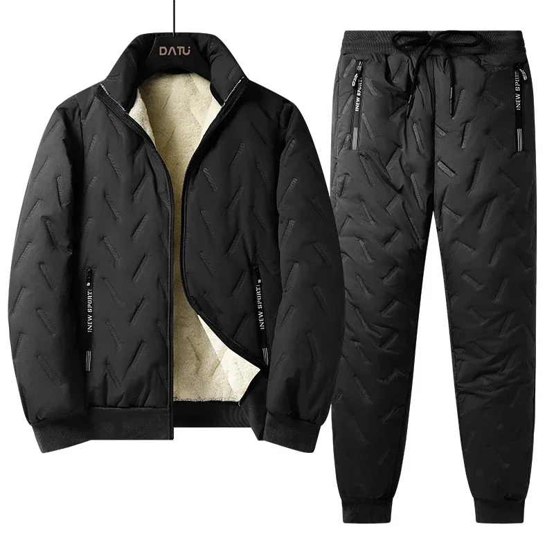 Plus Size 7XL Parkas Sets Men Winter Thick Lamb Woolen Lined 2 Piece Tracksuit Sets Jacket + Pants Sportswear Casual Sweat Suits