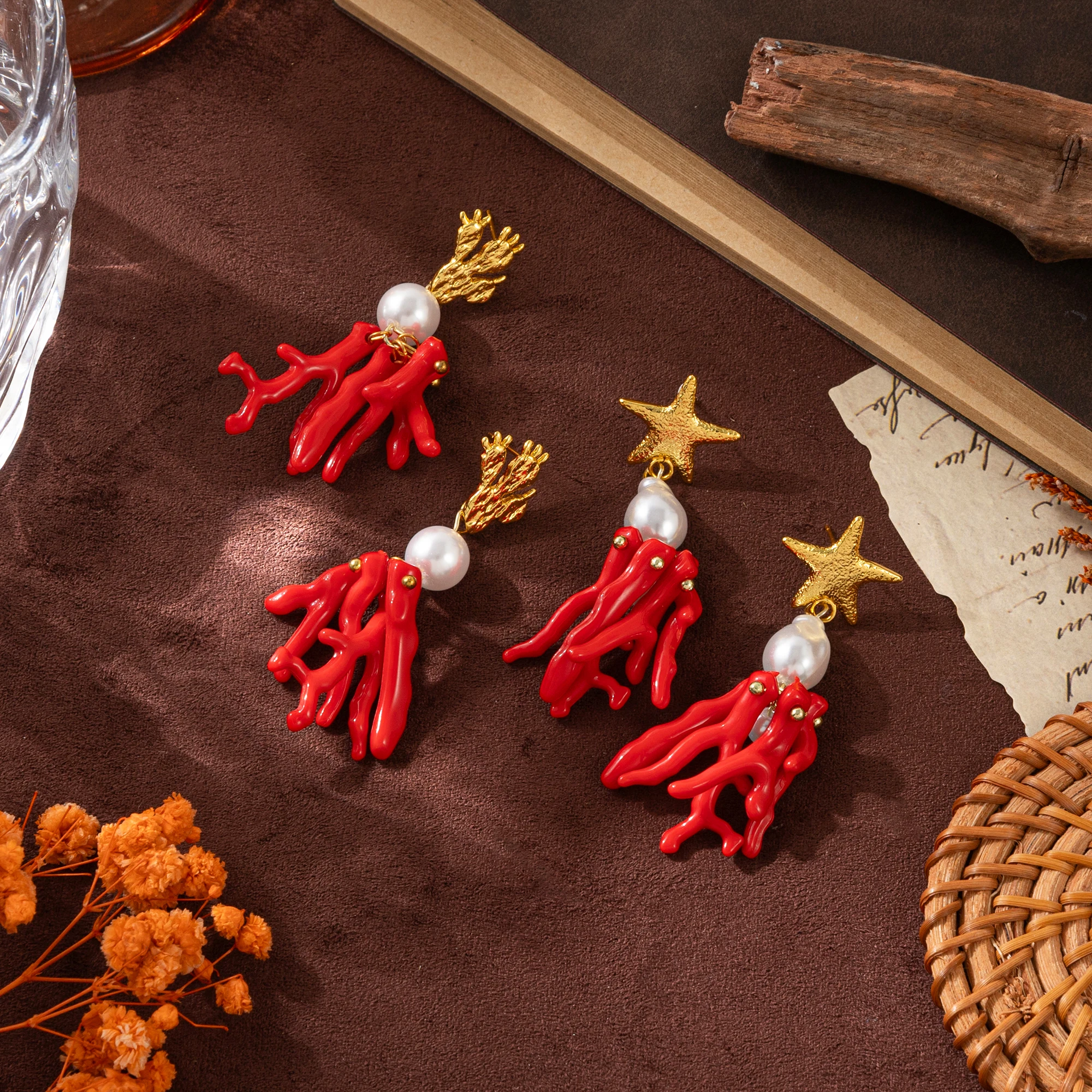 

Fashion Trend Design Coral Earrings Exquisite Ocean Style Pearl Starfish Jewelry Women's Party Jewelry Gifts
