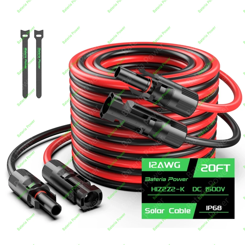 20FT 12AWG Solar Panel Extension Cable, 4mm² Solar Extension Cable Wire with Female & Male Waterproof Connectors Set of 2