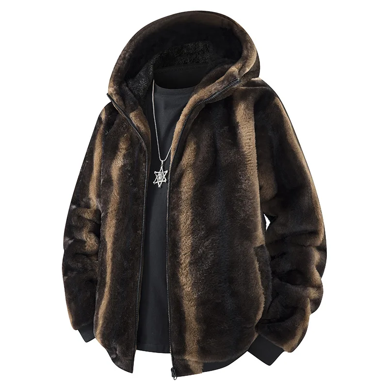 KIDWHXR Autumn Winter Fleece Jacket Man Streetwear Leopard Print Men Hooded Coat Loose Long Sleeve Zipper Male Outerwear