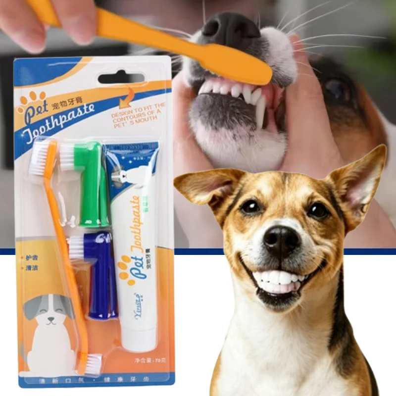 Conjunto universal de escova de dentes, pasta de dente, produtos para cuidados com as gengivas de cachorro, kit de ferramentas de limpeza para animais de estimação, reduz a placa e a construção do tártaro para animais de estimação