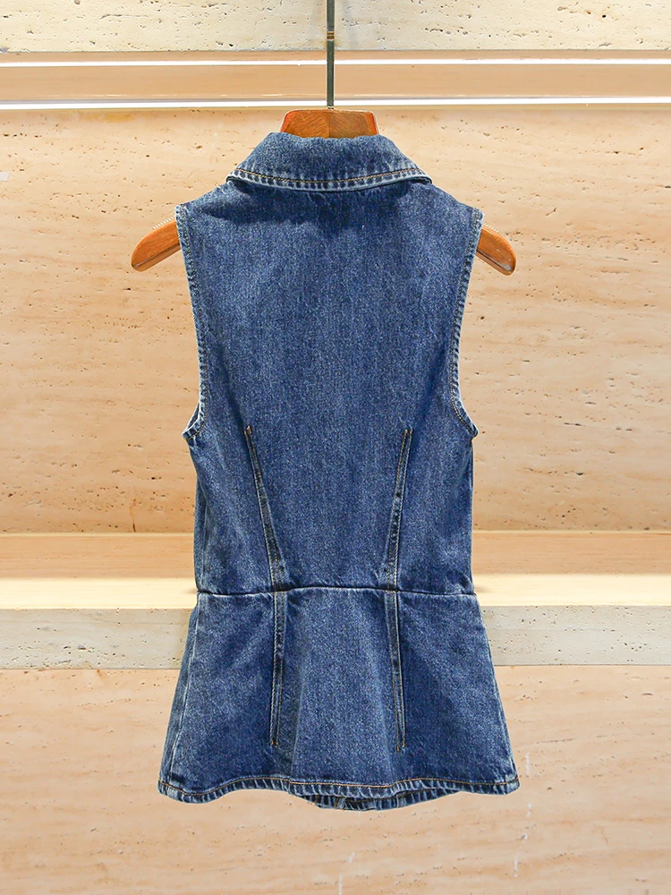 

High-End Women's Denim Vest Top + Pleated Skirt Set Faionable Button-Up Wool Blend Collared Two-Piece Ensemble