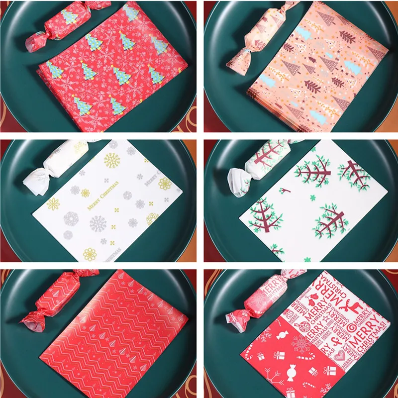 

100Pcs Christmas Series Printed Handmade Nougat Candy Packaging Oil Papers Milk Taffy Wrapper Xmas Party Gift Decoration