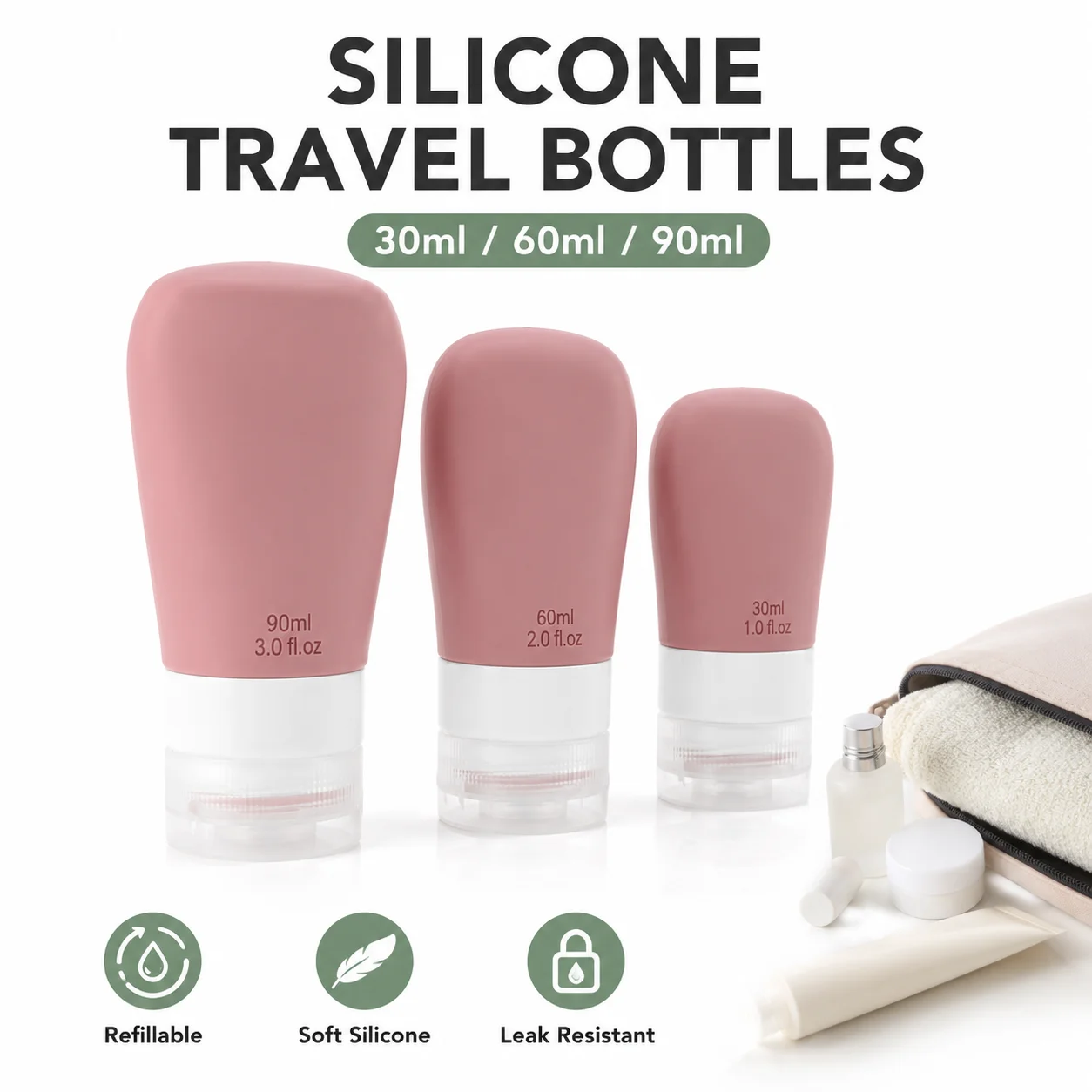 Conjunto de Frascos de Silicone para Viagem 30/60/90ml, Recipientes Macios Reutilizáveis, Frascos Portáteis à Prova de Vazamento para Shampoo e Loção