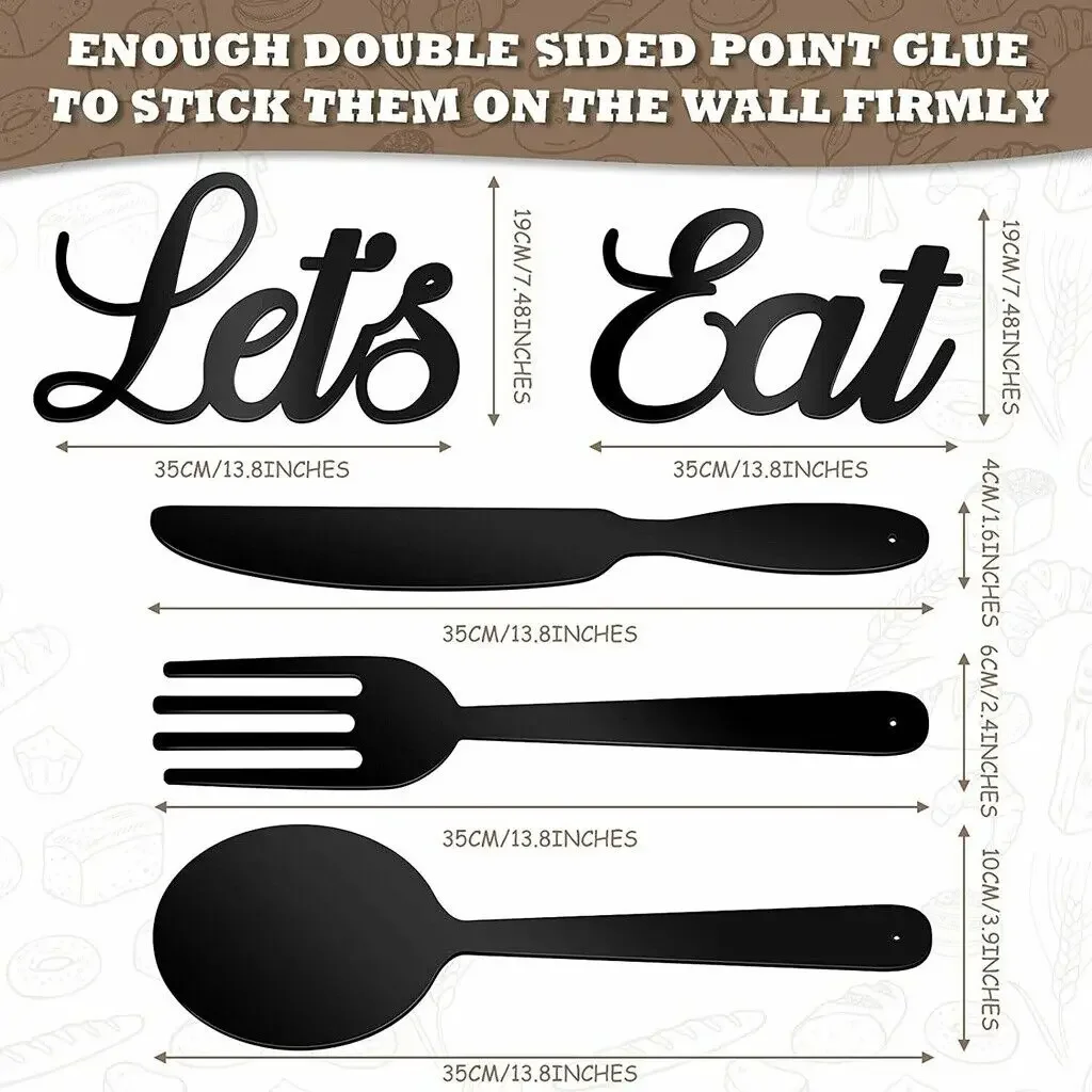 HelloYoung Set of 5 Let's Eat Metal Sign Fork Spoon Knife Sign Rustic Cutout Eat Wall Decor Iron Art Home Decor Hanging Wall Art view 3