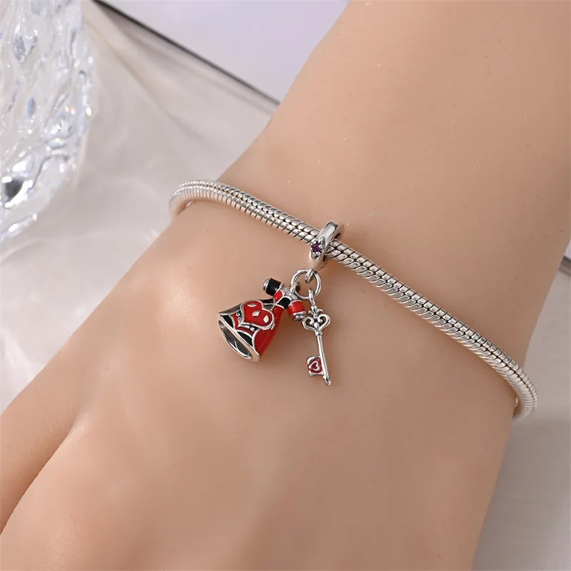 925 Sterling Silver Charms Bead CZ Zircon Red Dress Magic Key Dangle Fit Original Bracelet DIY Women Jewelry Gift