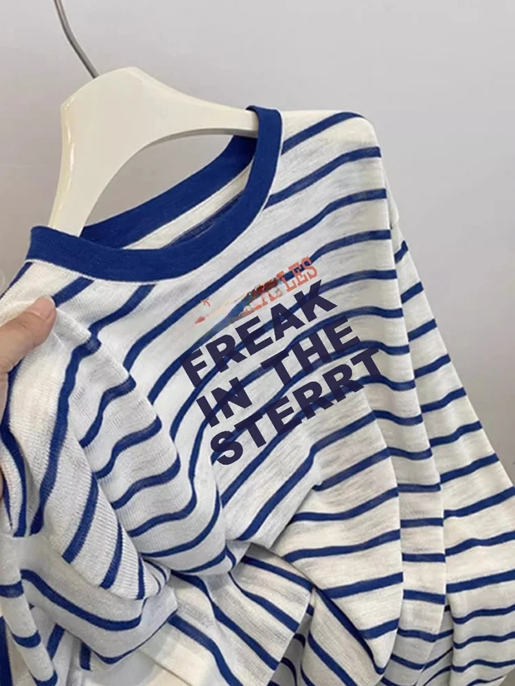 Lente zomer blauw gestreept lang Sve dames T-shirt rond Ne Faionable zonnebrandcrème airconditioning cover-up top