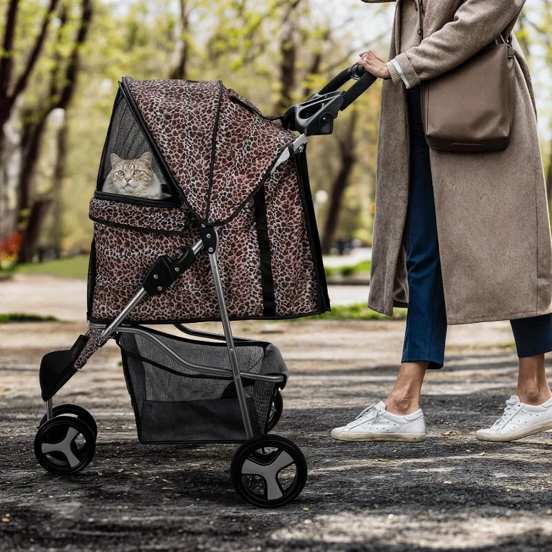 Poussette pour chien et chat à 3 roues pour chiens de petite et moyenne taille, poussette de jogging légère et pliable avec panier de rangement et porte-gobelet,