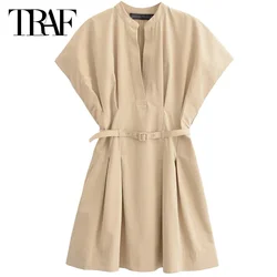 TRAF Women Fashion Summer Dresses 2024 Mini Pleated Dress O-Neck Short Sleeve Dresses With Belt Casual Elegant Streetwear Dress