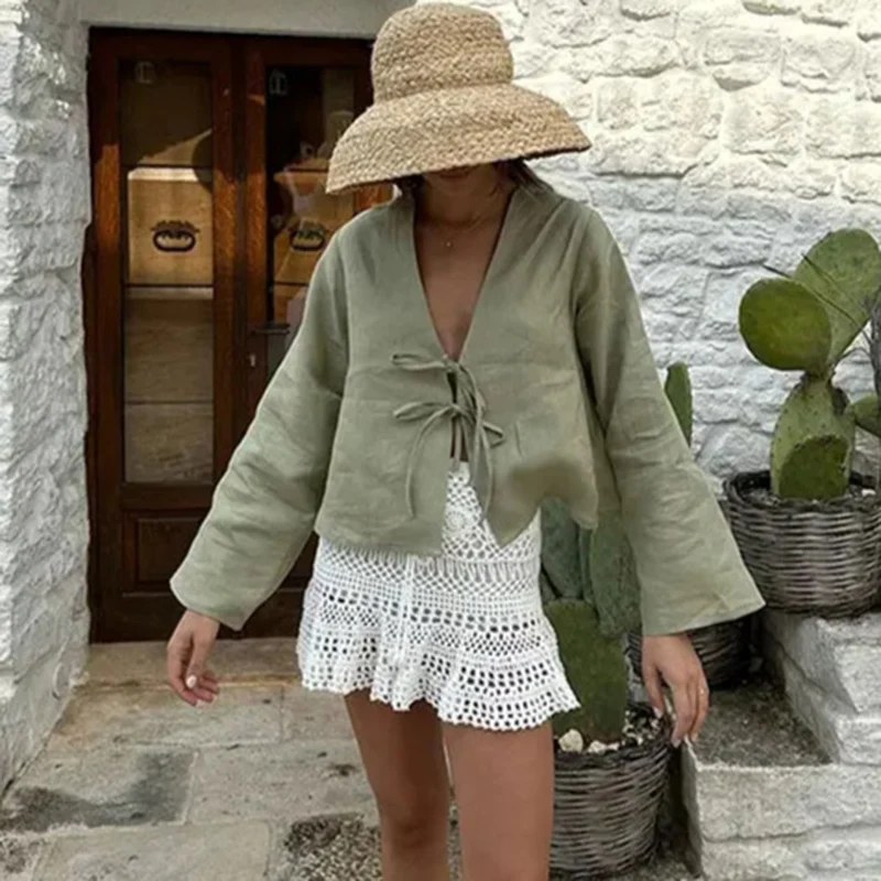 H.Aic-Camisa de linho com renda para cima feminina, oca, decote em v, blusas de manga comprida, monocromáticas, tops femininos com todos os