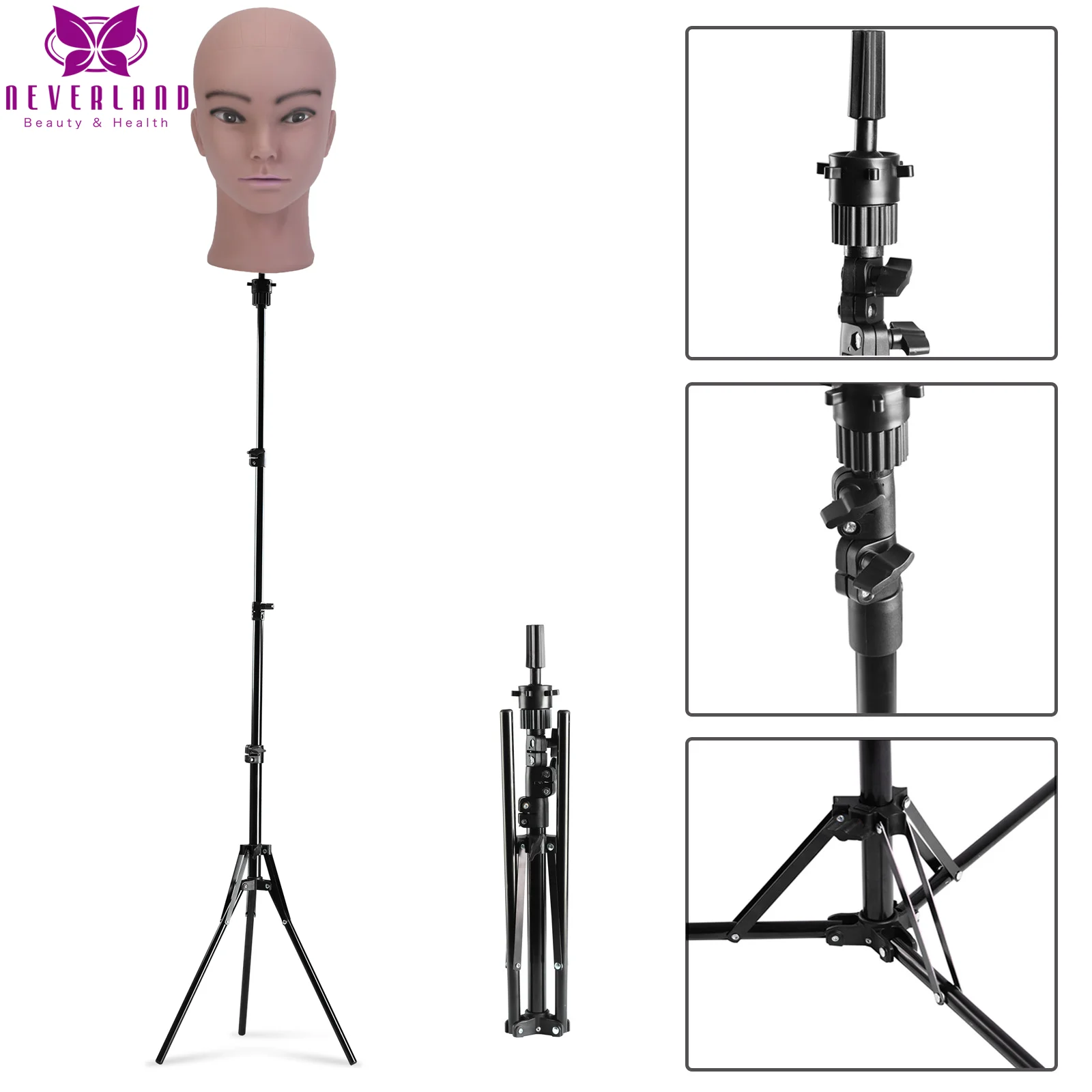 Adjustable Wig Stand Tripod Stainless Steel Long Tripod Stand Holder Mannequin Head Hairdressing Training Head stand Hair Tools