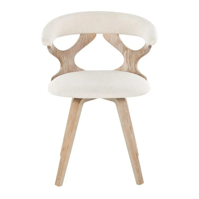 كرسي طعام حديث من منتصف القرن مصنوع من الخشب الأبيض المغسول مع قماش كريمي