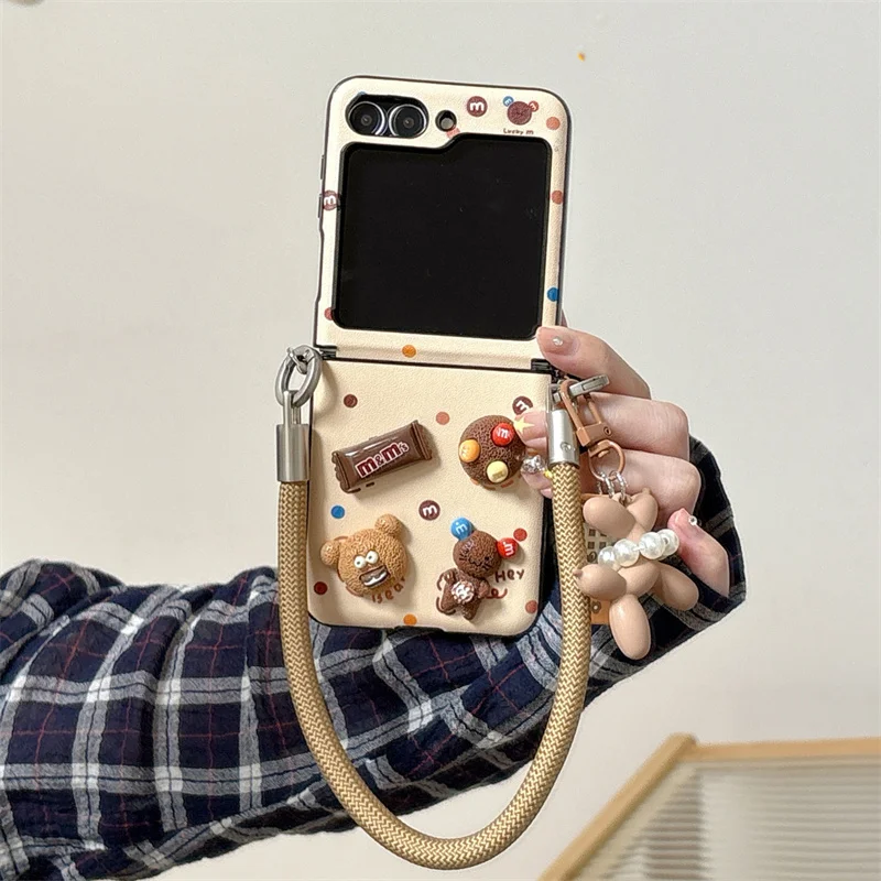 

Fashion Cute Chocolate Beans Phone Case For Samsung Galaxy Z Flip 7 6 5 ZFlip6 ZFlip7 Cover with Hand Rope Cartoon Protective Ca