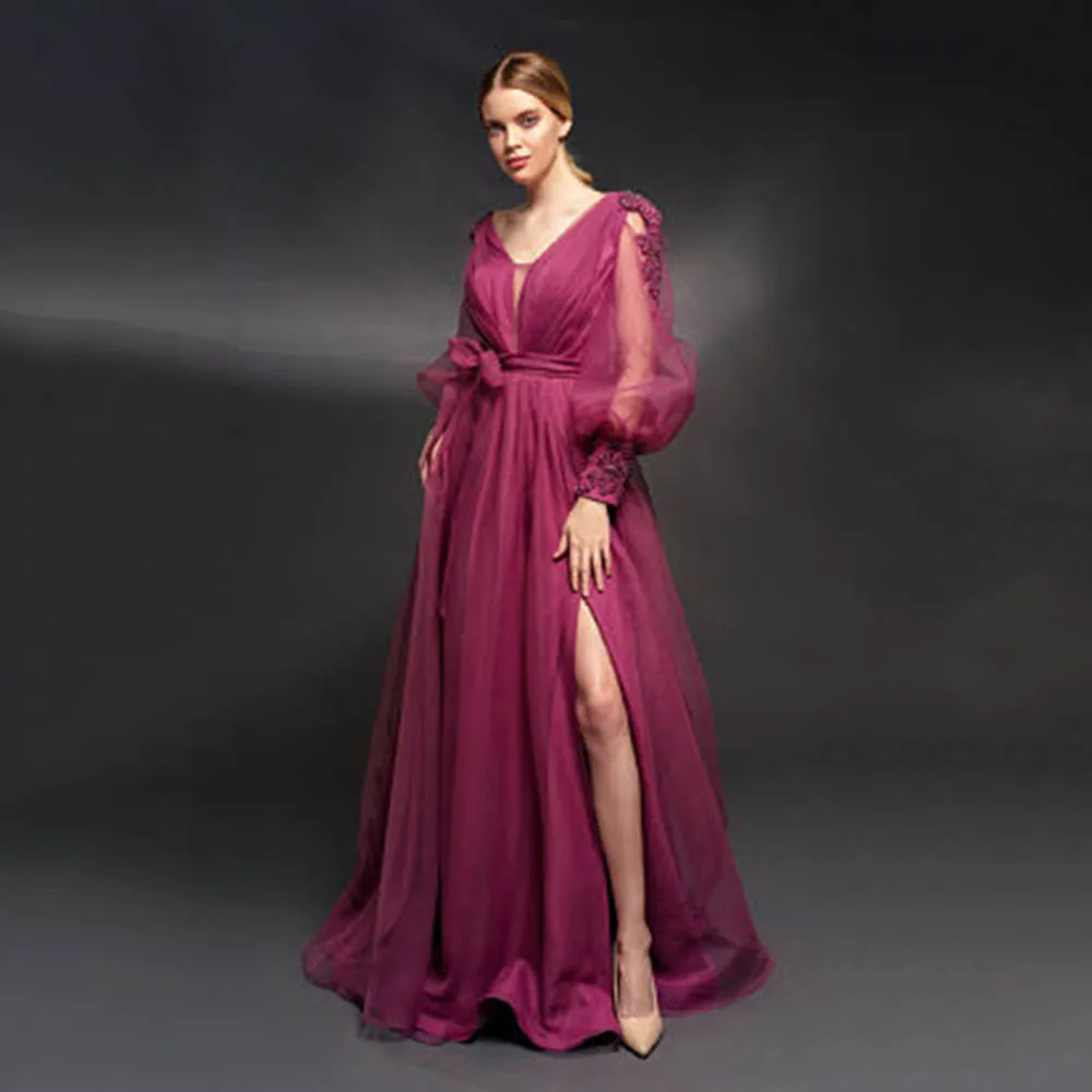 

Exquisite Purple Organza Evening Gowns V-neck Beads Long Sleeves Side Split A-line Floor Length Formal Prom Party Dresses