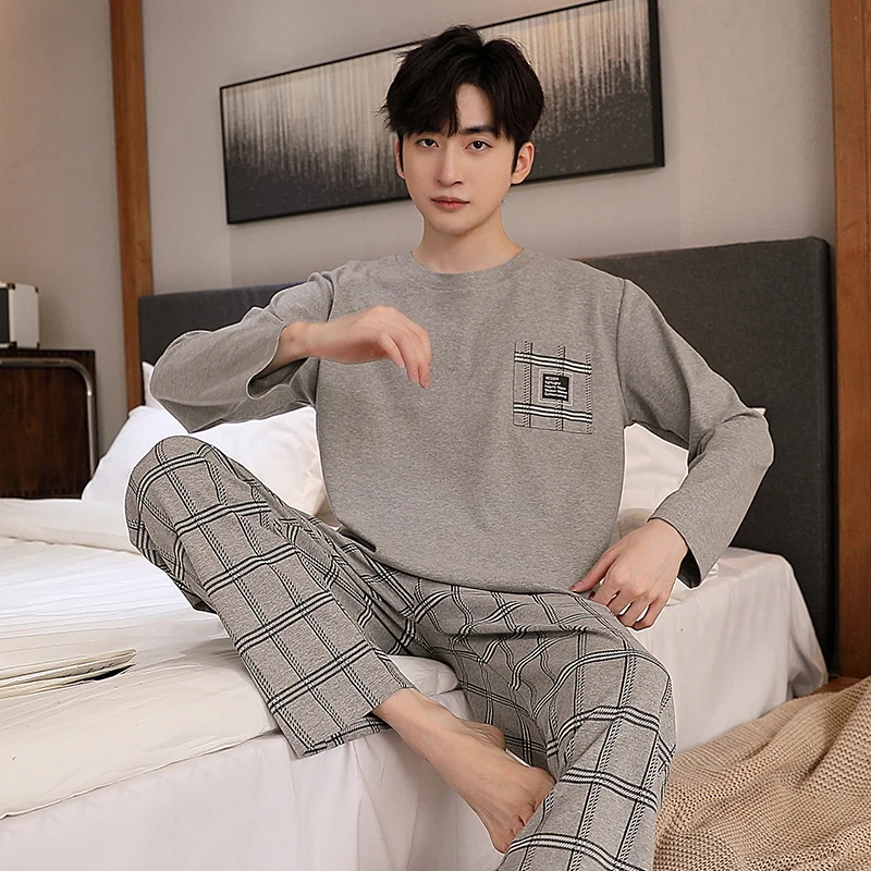 L-5XL Spring and Autumn Knitted Cotton Plaid Pajamas Set Men Long Sleeve Sleepwear Casual Soft Pyjamas Male Home Clothing