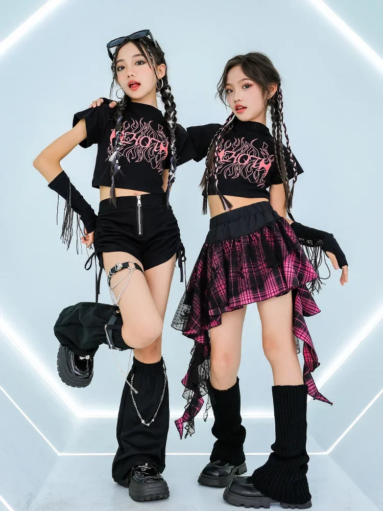 Mädchen Kpop Jazz Dance Kostüm Schwarz Tops Hip Hop Shorts Rock Outfits Kinder Performance Kleidung Konzert Bühne Tragen