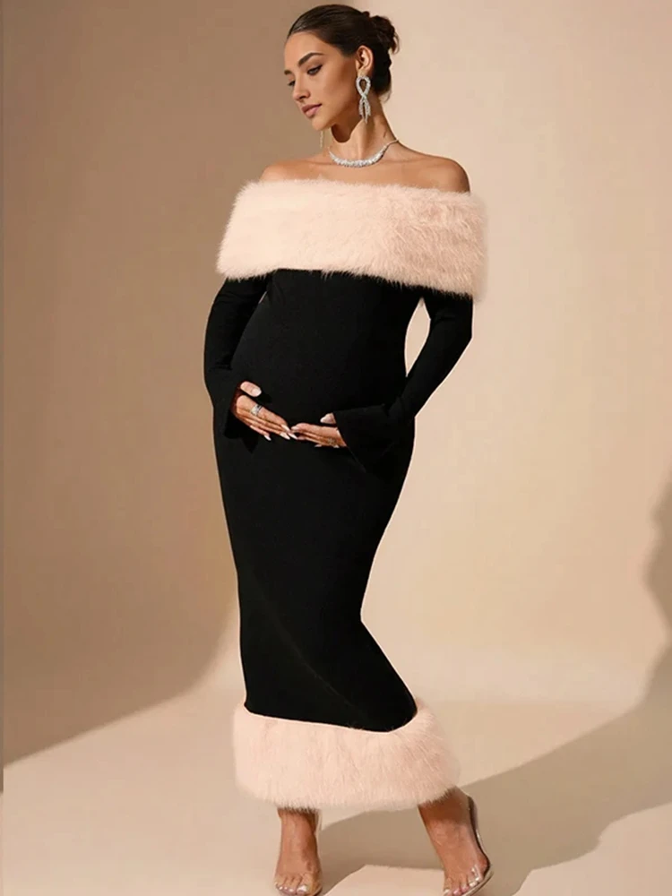 Off Shoulder Fur Trim Knit Maxi Maternity  Pregnancy Photo Dress Elegant Bodycon Gown Baby Shower Maternity Outfit Holiday Photo