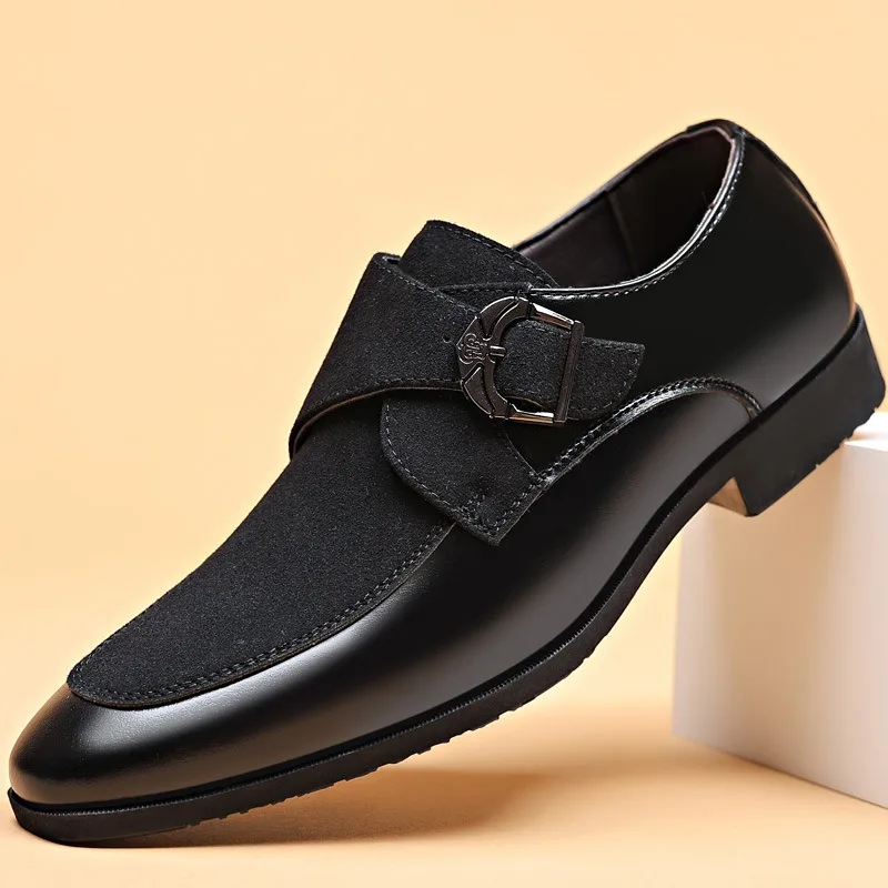 Men's Dress Shoes Gentlemen Business Leather Shoes Luxury Faux Suede Splicing Loafers Male Buckle Straps Low Heel Wedding Shoes