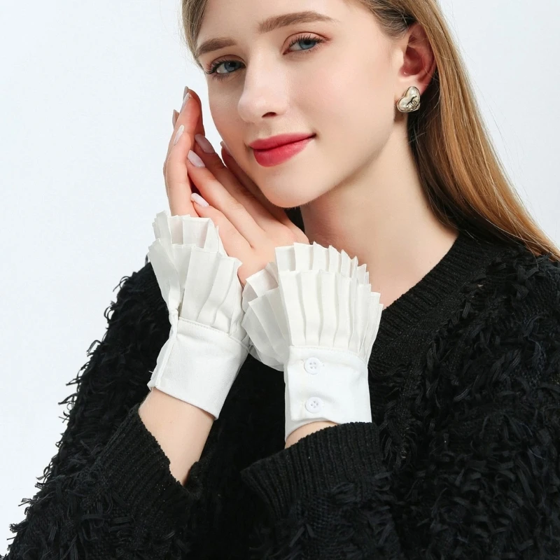 

Women Sweet Ruffle Pleated Fake Sleeve Decorative Layered Wrist Cuffs Sweater Skirt Removable Shirt Flare Sleeve False Cuffs
