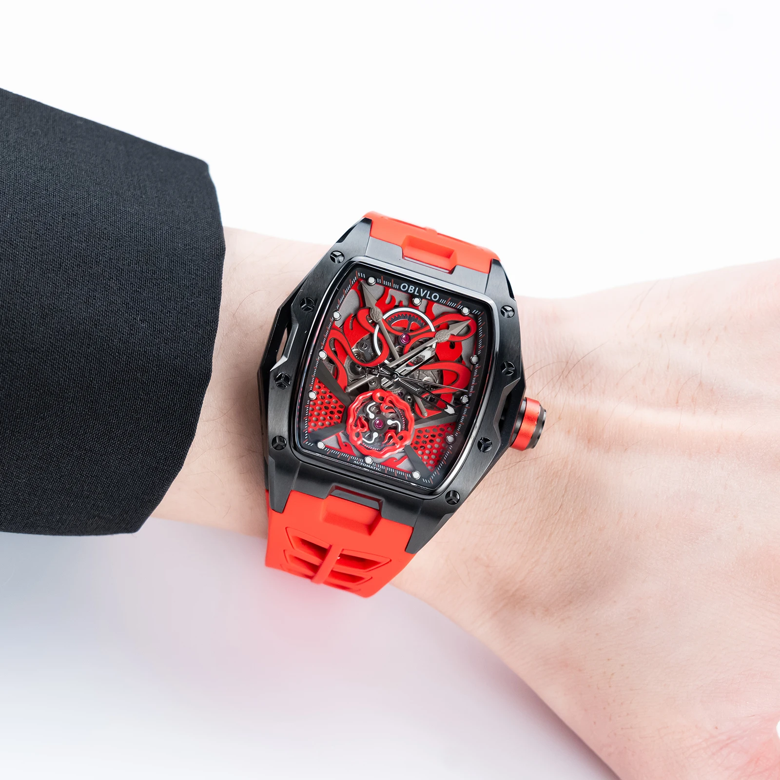 OBLVLO Men's Skeleton Automatic Watch Red Dial Designer Tonneau Super Luminous Silicone Strap Fashion Sport Watch ZM