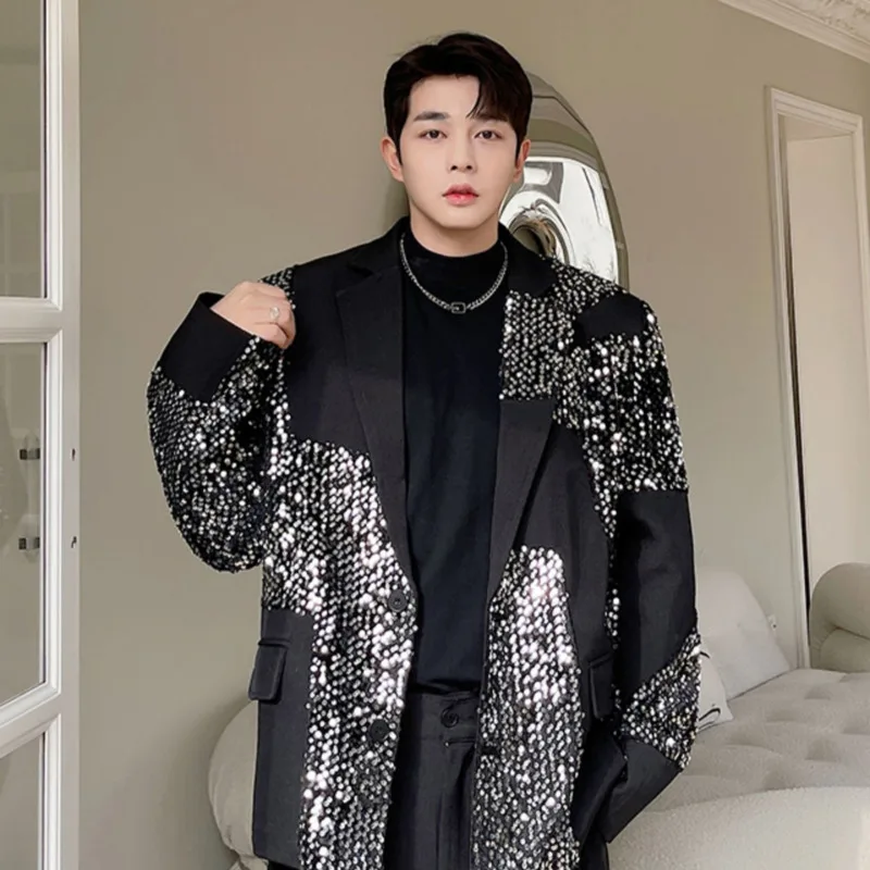 IEFB Luxury Sequins Decoration Suit Coat New Turndown Necklong Sleeve Men\'s Personality Design Korean Loose Fashion 9A1927