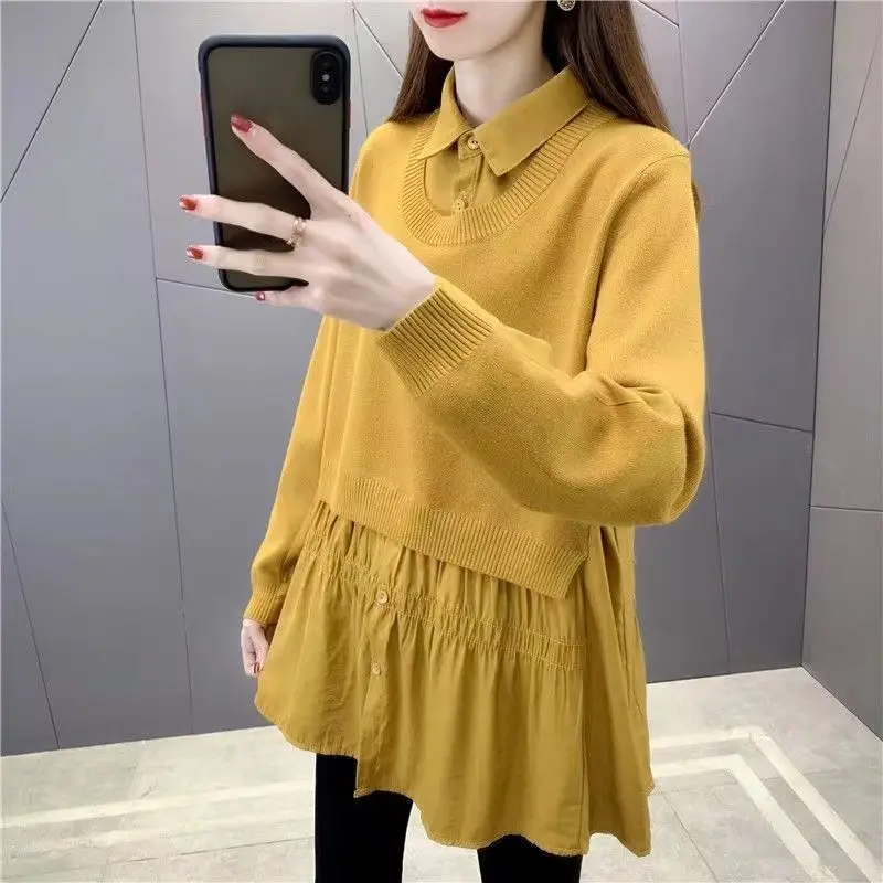 Casual Korean Fake Two Pieces Solid Color Sweaters Autumn Winter Women\'s Clothing Loose Fashion Polo-Neck Knitted Patchwork Tops