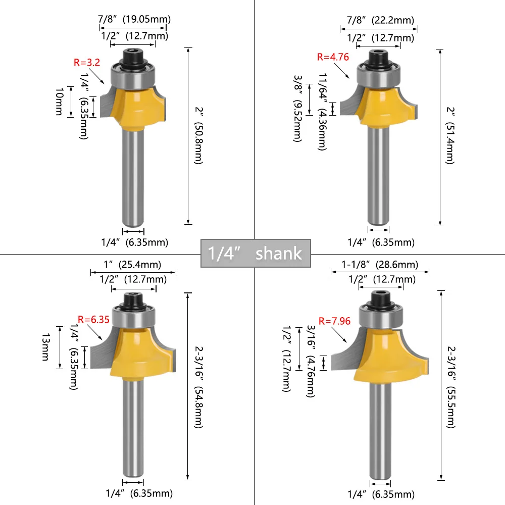 1/4 Handle 6-handle Fillet Cutter four-piece Woodworking Milling Cutter With Chamfer Knife R Angle Knife Trimming Machine