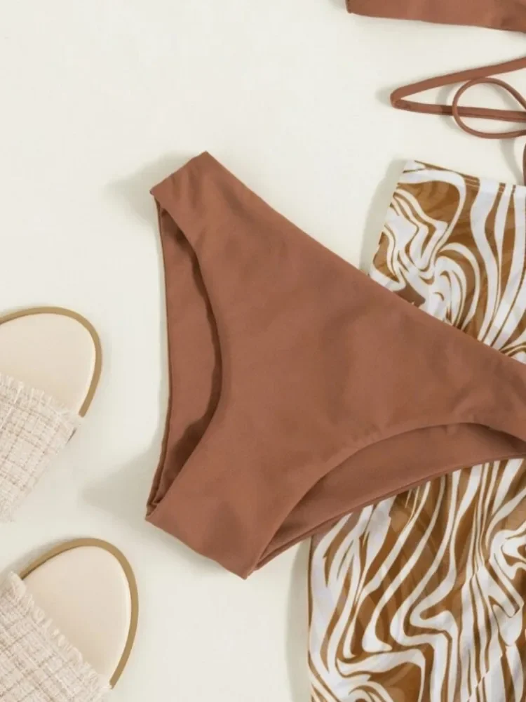 3 Pieces Criss Cross Bikinis Swimsuit Beach Skirt Cover Up Swimwear Women 2025 Brown Bathing Suit Brazilian Bikini Beachwear