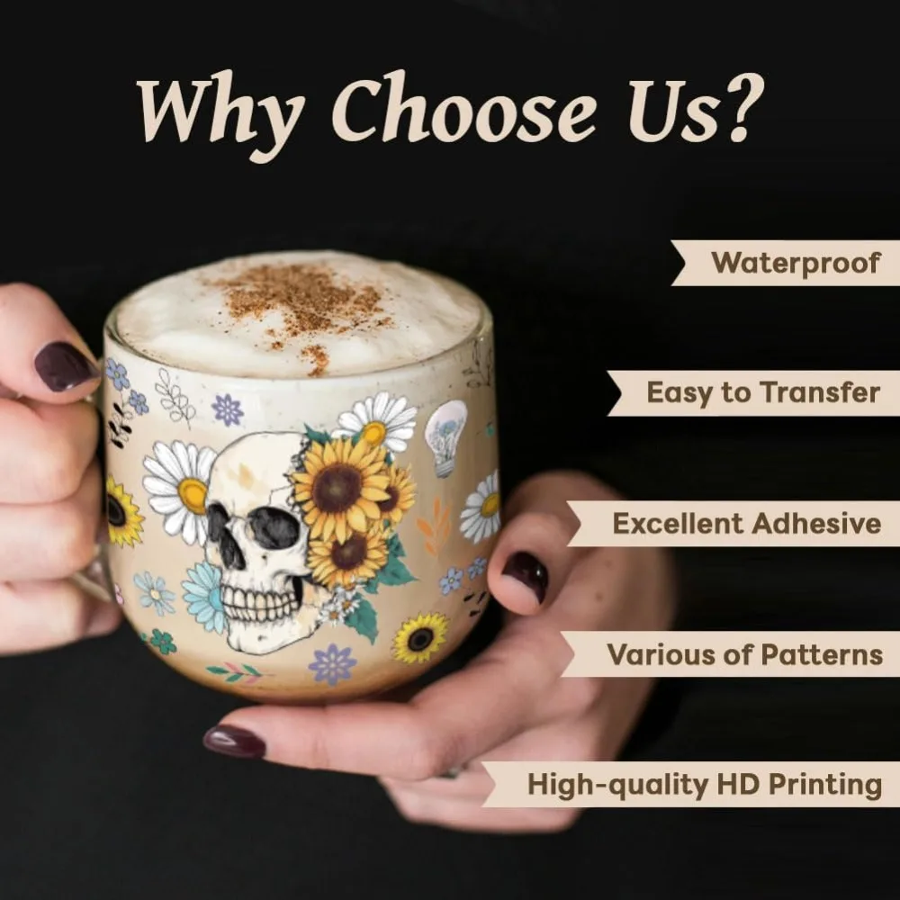 UV DTF Cup Wraps Transfer Stickers Skeleton Pattern 10 Sheets Waterproof  Vinyl Transfer Sticker 16oz Coffee Glass Cup