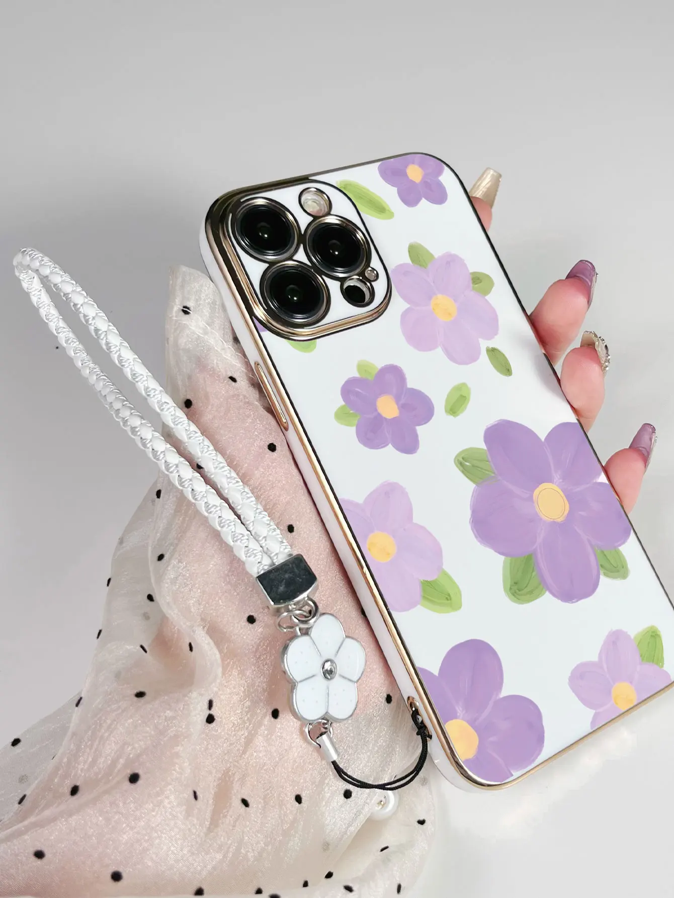 Fashion Cute Flowers Pattern Lanyard Painted Phone Case For iPhone 17 16 13 12 11 Pro Max 15 14 Plus X S Plating Soft Back Cover
