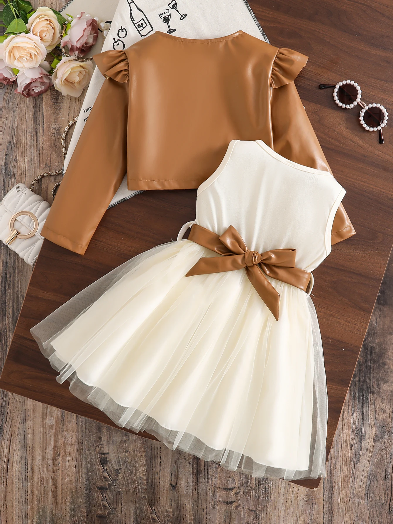 Girls 2PCS Outfit for 4-8Y, Ruffle PU Crop Jacket + Belted Tulle Sleeveless Princess Dress