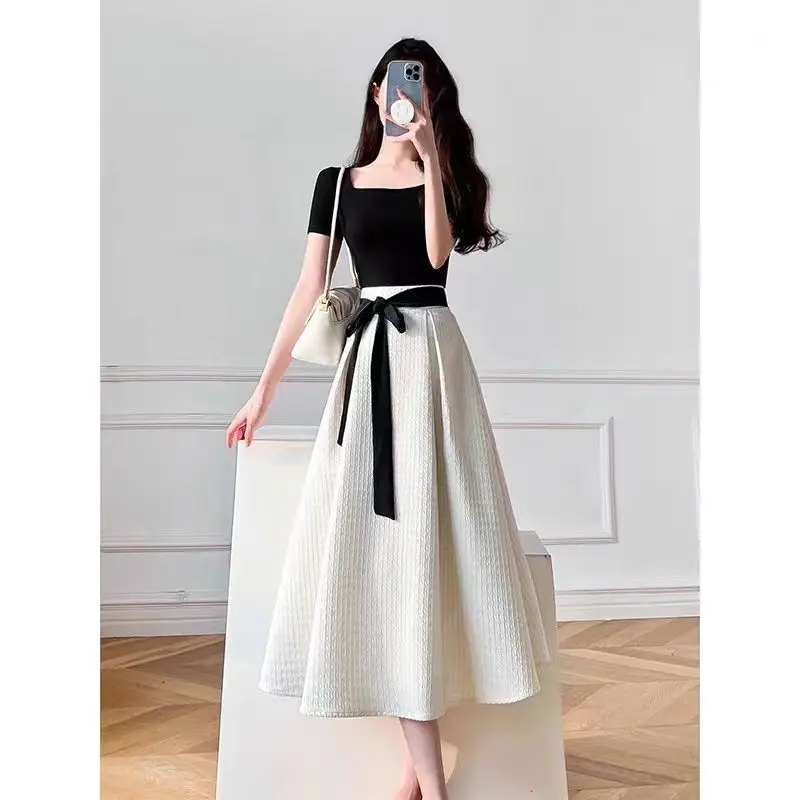 Fashion temperament two-piece set women's small fragrant style square collar waist cinching lace up knitted top+half skirt