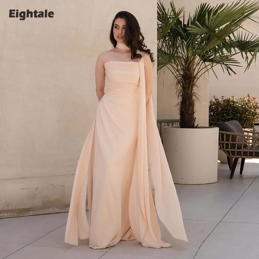 

Eightale Arabic Evening Dress Strapless Pleats Peach Customized Chiffon Backless Mermaid Celebrity Prom Wedding Party Gown