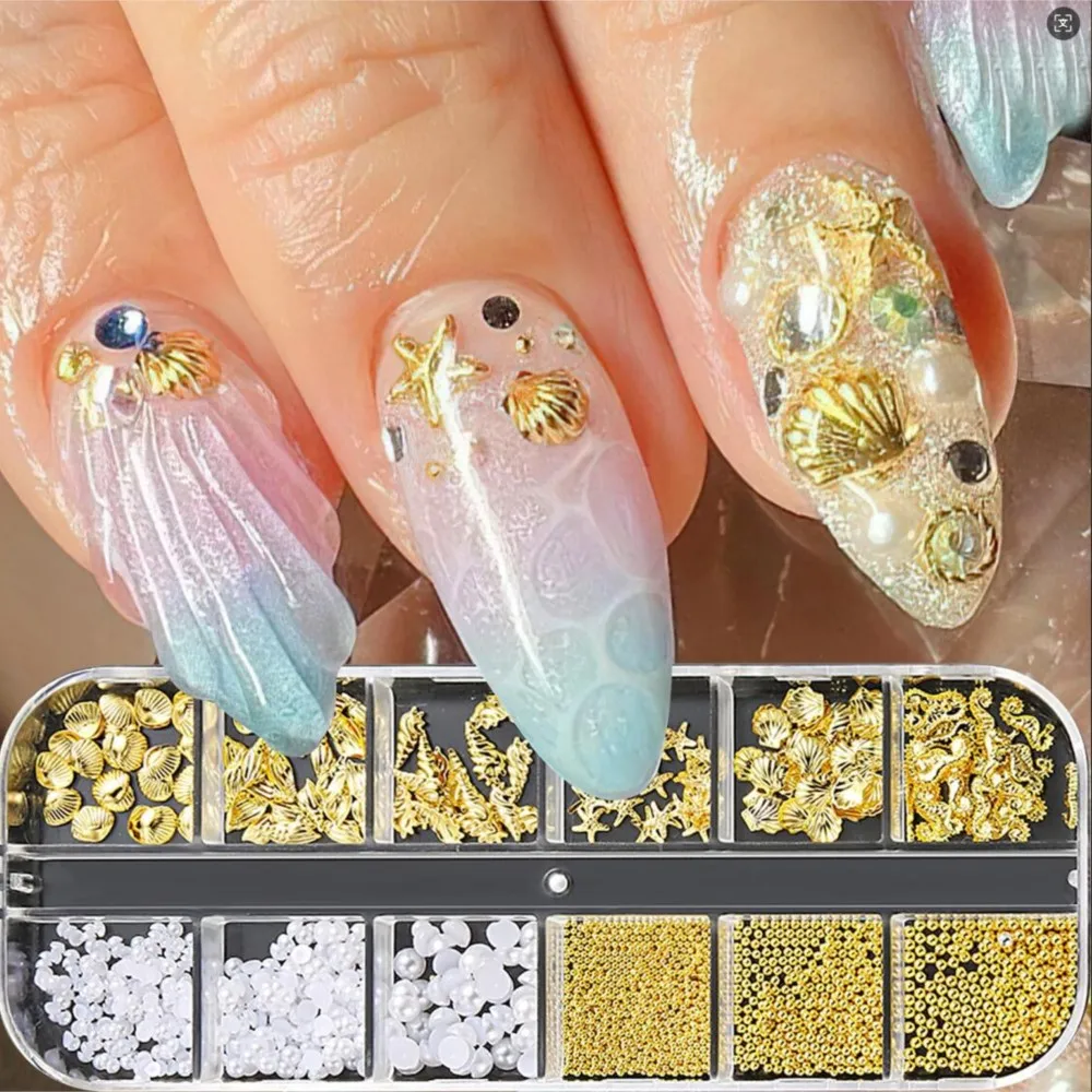 12 griglie 3D oro argento estate oceano pendenti per unghie lega stella marina/conchiglia/conchiglia rivetti metallici assortiti vita marina decorazione per unghie