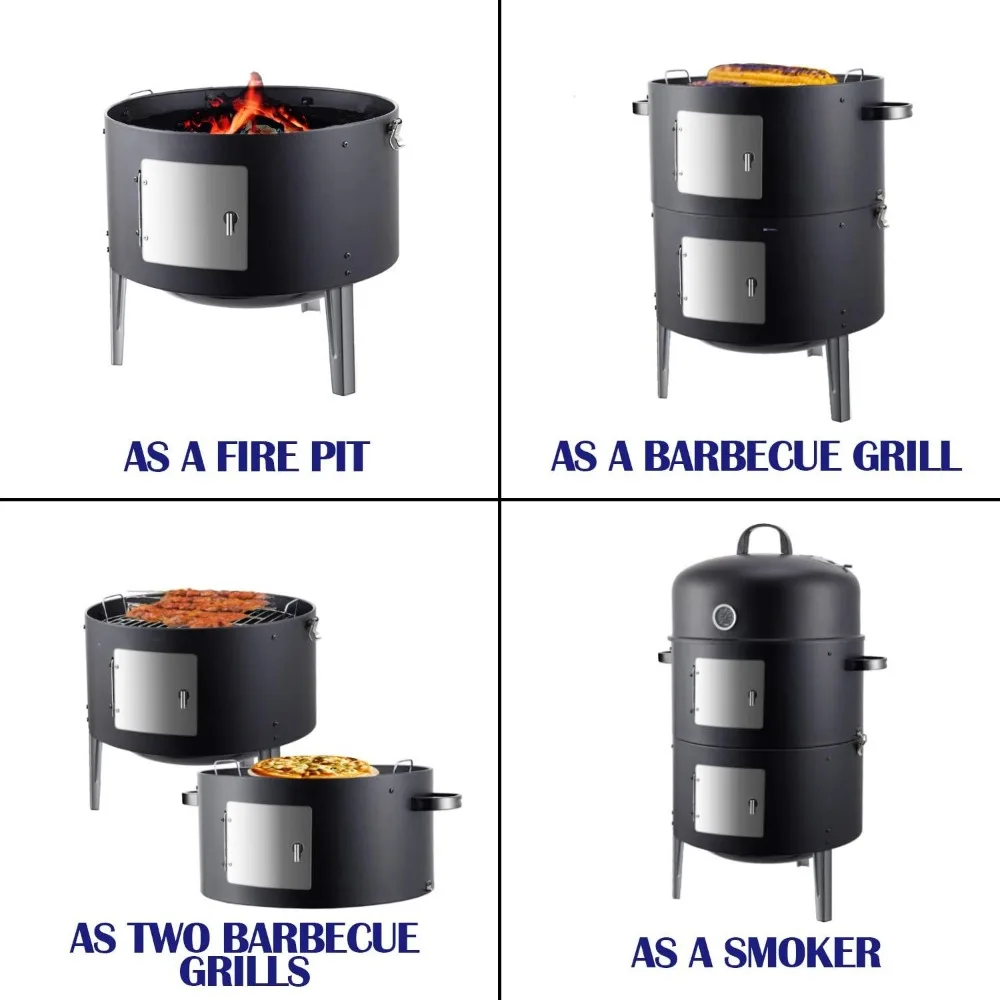 Steel Charcoal Smoker, Heavy Duty Round BBQ Grill for Outdoor Cooking