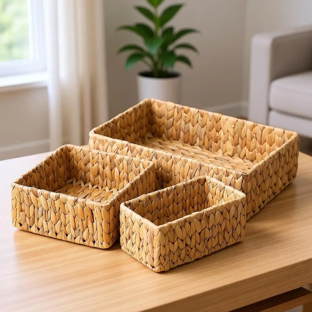 

Набор корзин для хранения из натурального ротанга, 3 штуки (большие и маленькие) для организации полок в кладовой