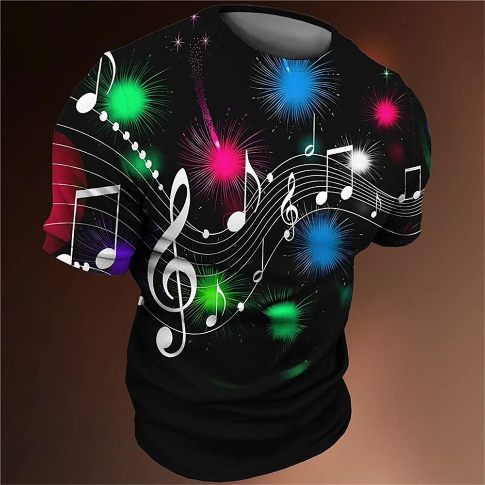 Camiseta con estampado 3D para hombre, camisa de manga corta con estampado colorido de nota musical, Tops informales de cuello redondo, moda Y2k, ropa de calle