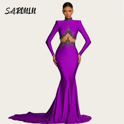 Elegant Beaded Satin Formal Occasion Dress For Women 2024 High Neck Long Sleeves Mermaid Evening Dresses Sexy Prom Party Gown