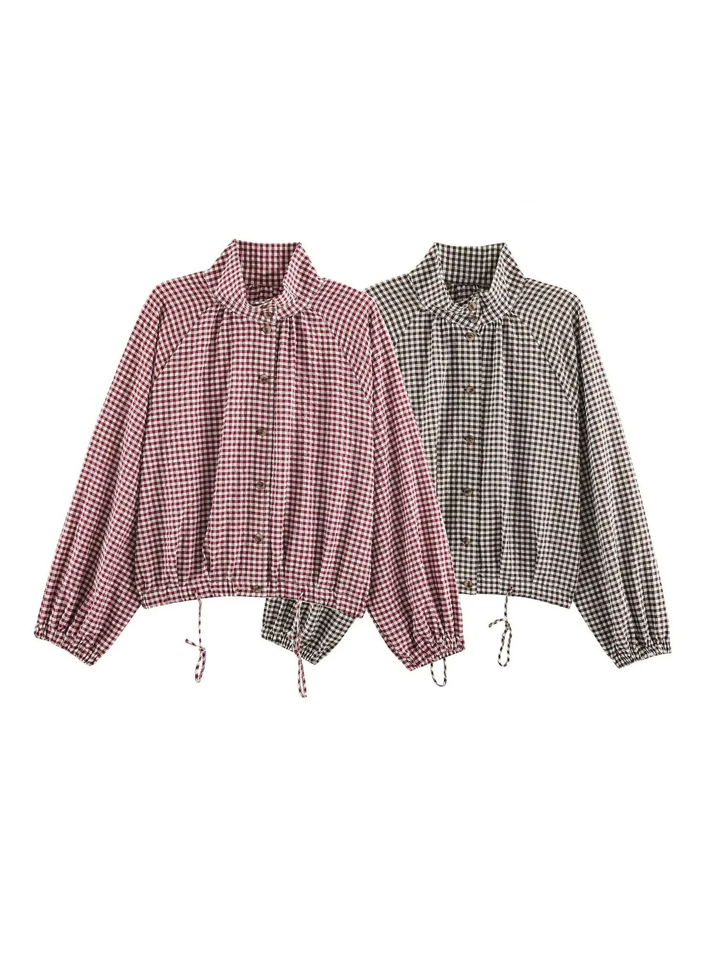 Early Autumn New Women's Clothing Simple Casual Long-Sleeve Stand-Up Collar Adjustable Tie Plaid Jacket