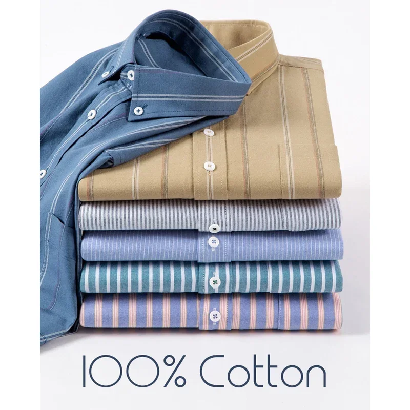 Spring Plaid Shirts Men Oxford Cloth Long Sleeve Shirts for Men Business Turn Down Collar Camisas Masculinas