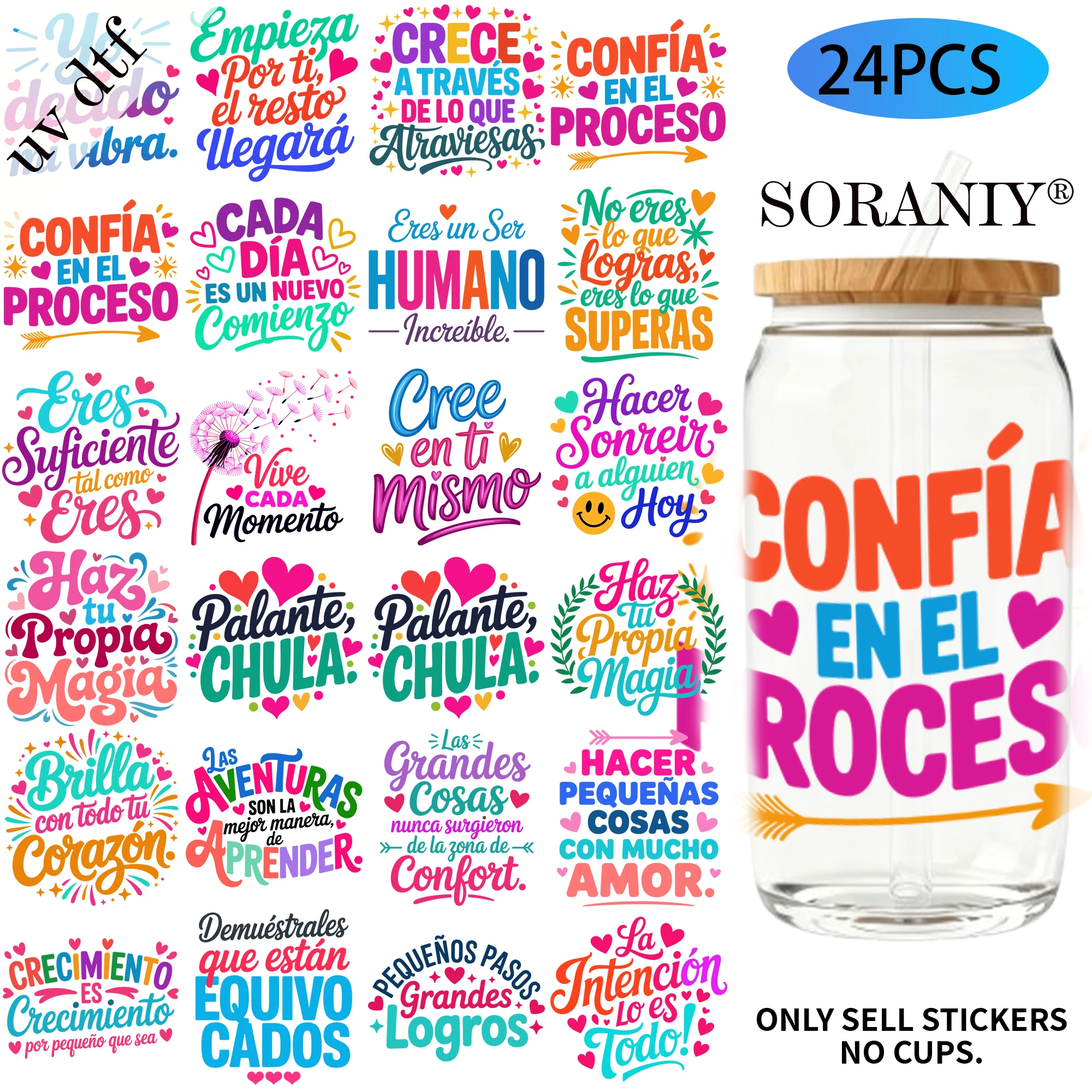 24PCS/Set Spanish Motivational Quotes Seal Themed UV DTF 16OZ DIY Transfer Paper Set Used For 16oz Water Bottles Glass BottlesDI