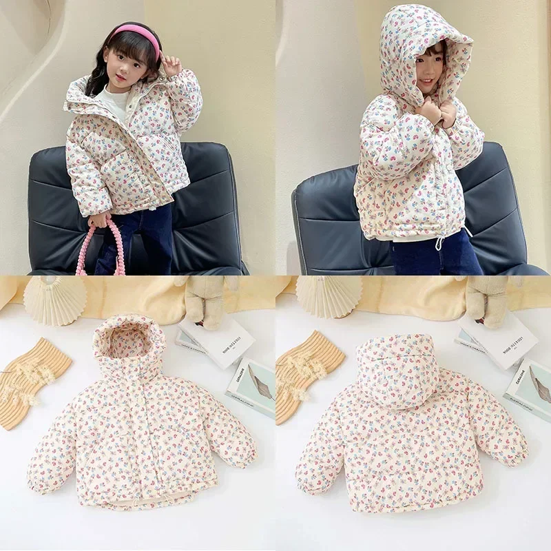 

Korean Baby Girl Winter Top Clothes Thicken Cotton-padded Children Warm Floral Hooded Plush Outwear Coat Baby Kids Winter Jacket