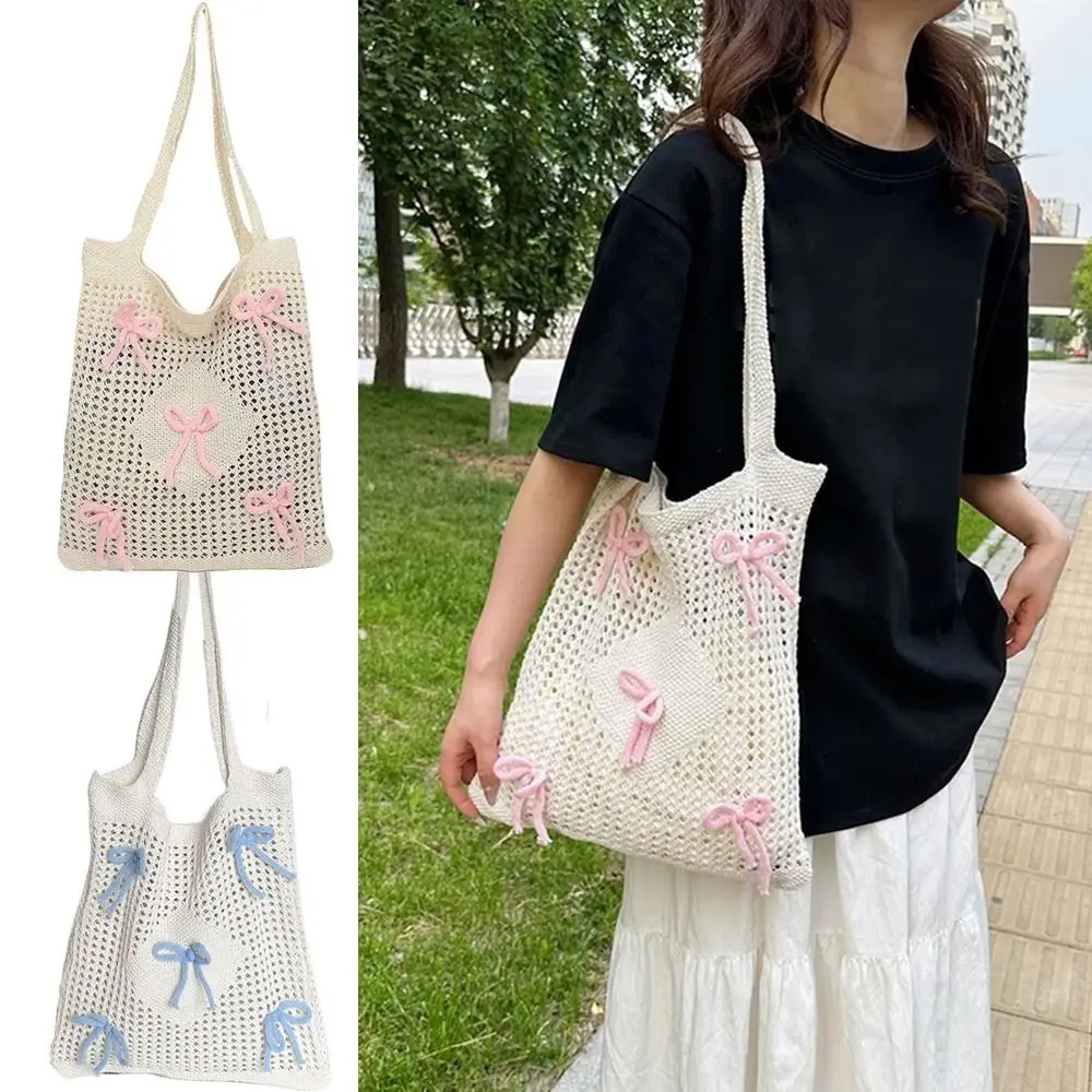 

Large Capacity Crochet Beach Tote Bag Handmade Weaving Bowknot Design Woven Underarm Bag Portable Multifunctional