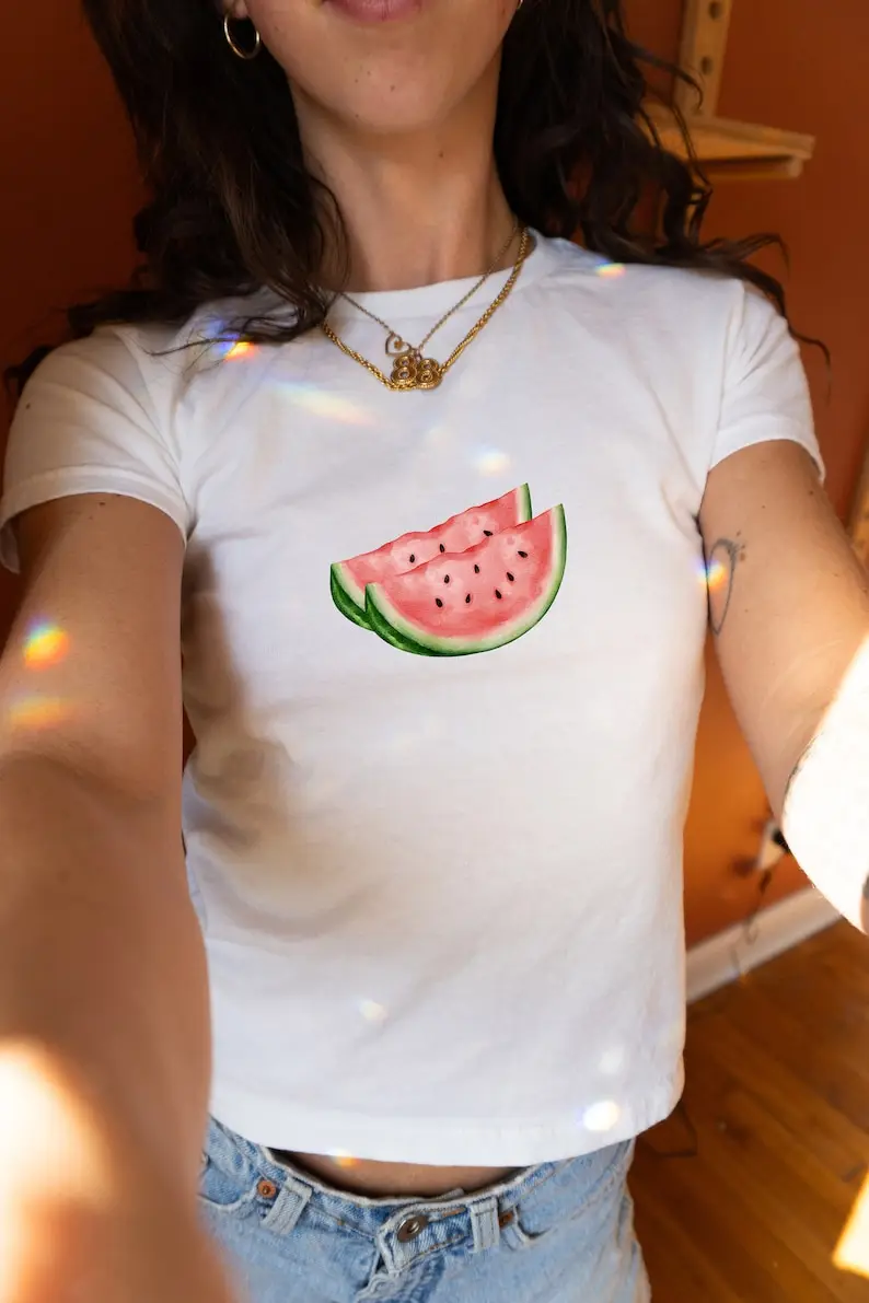 Watermelon Crop Top Vintage Fruit Crop Baby Tee Y2k Shirt 2000s Cropped T-Shirt Y2K Style Top Baby tee trendy aesthetic clothes