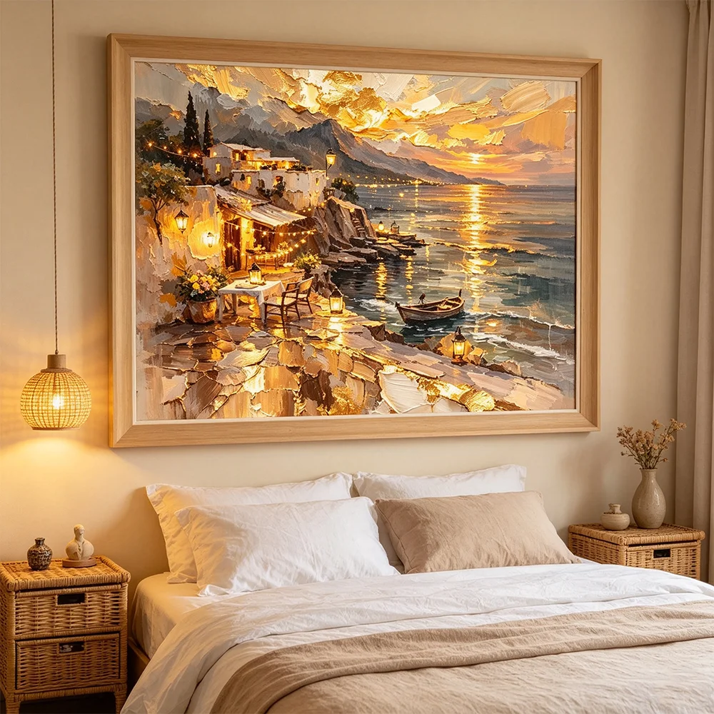 Seaside House Print Picture – Sunset Seascape Wall Art Decor Bedroom Abstract Landscape Poster Print Painting Decorations Gift