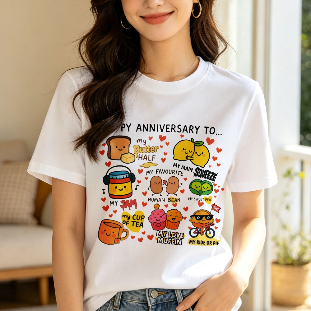 Cute Food Couple Anniversary Unisex Tee Trendy Cotton T‑Shirt Cartoon Snack Heart Streetwear Tops Pun Love for Couples Tshirt